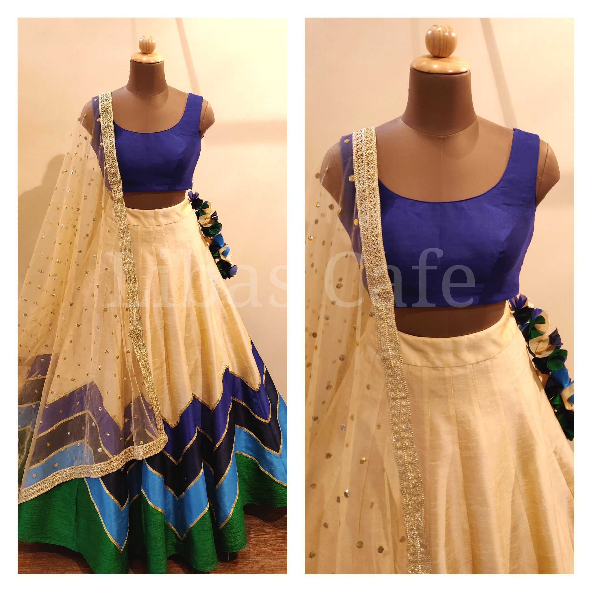Ivory- Blue Color Blocked Silk Lehenga